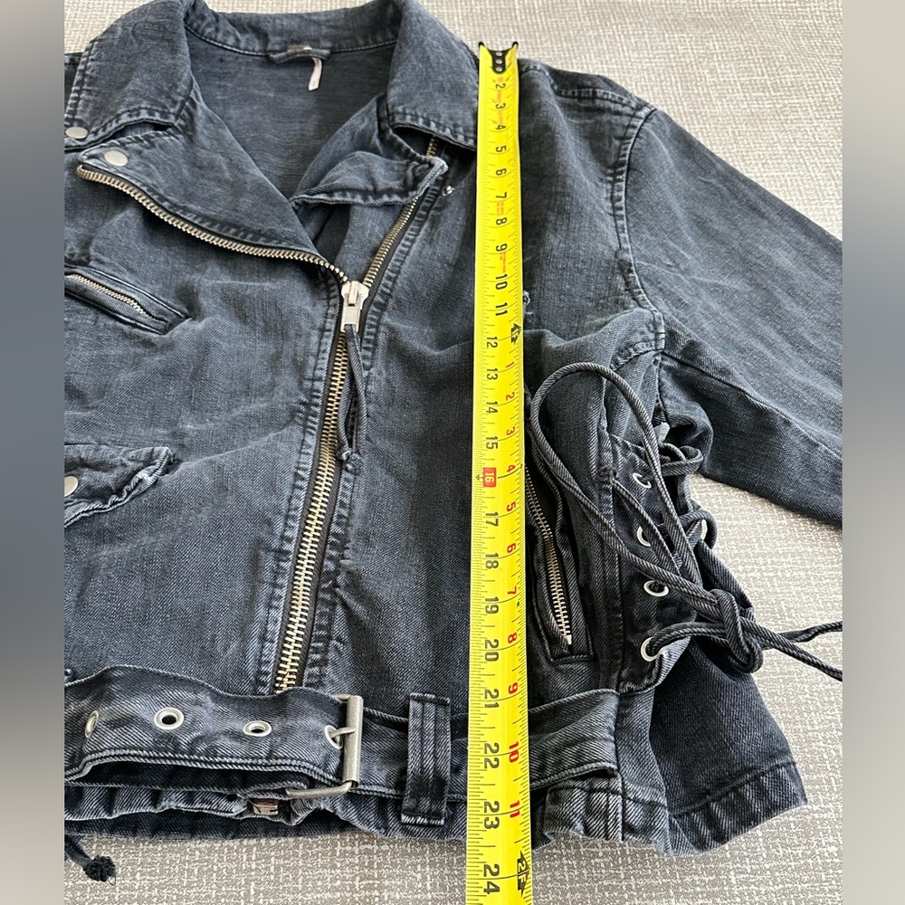 Free People Oversized Moto Jacket Black Denim Belted Lace Up Small Boho Biker - Picture 14 of 15